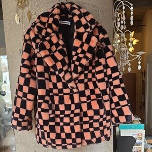 ASOS Girlfriend Material Peach & Black Checked Faux Fur Jacket